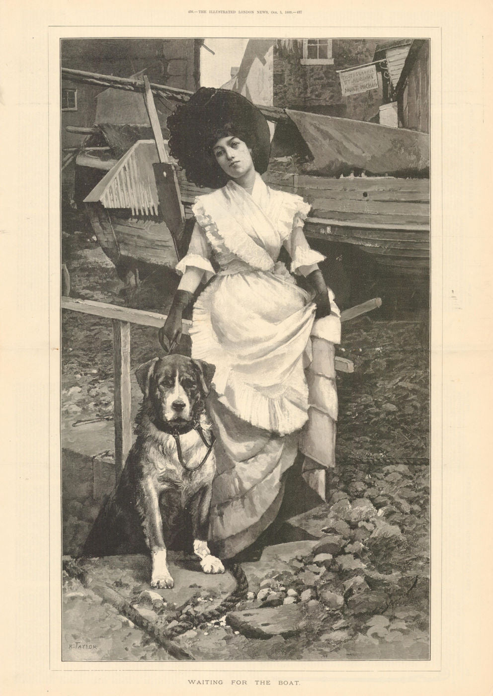 Waiting for the boat. Pretty Ladies. Dogs 1889 old antique print picture